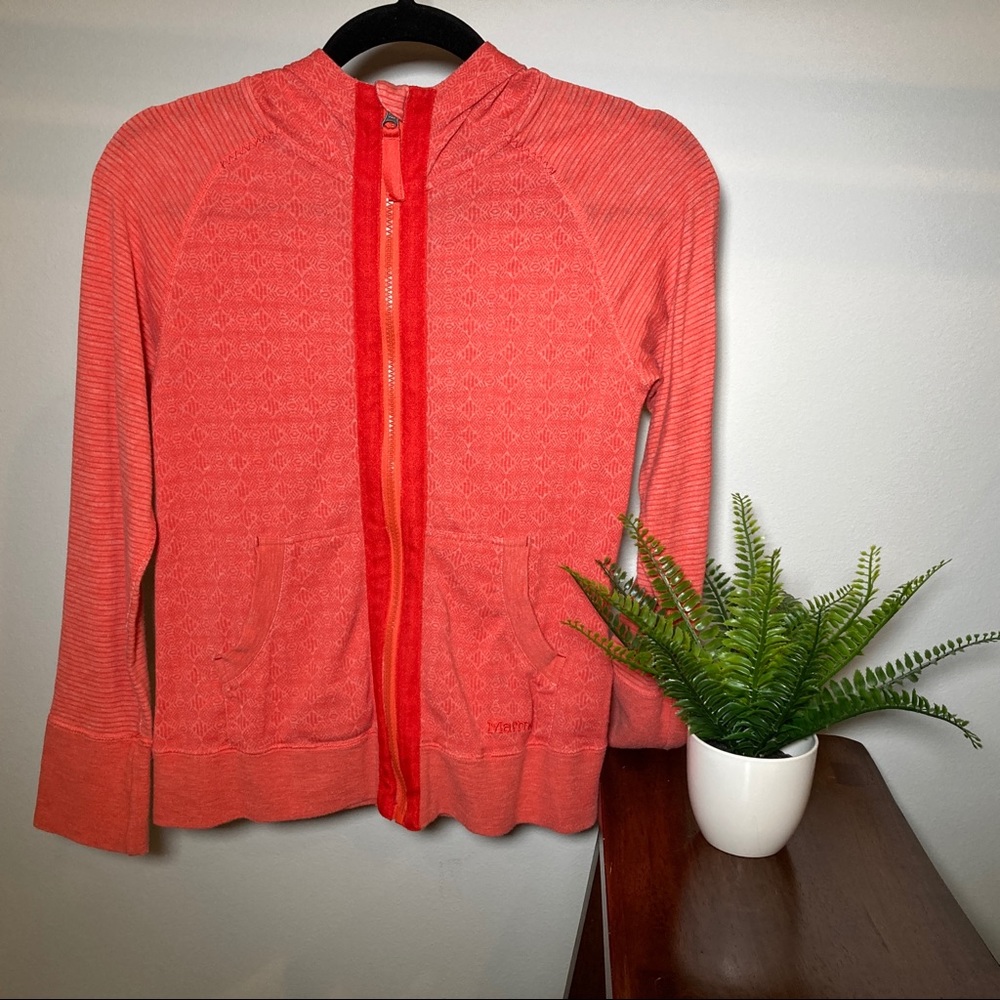 ✨2/$20 Marmot hood zip up orange pattern girls L